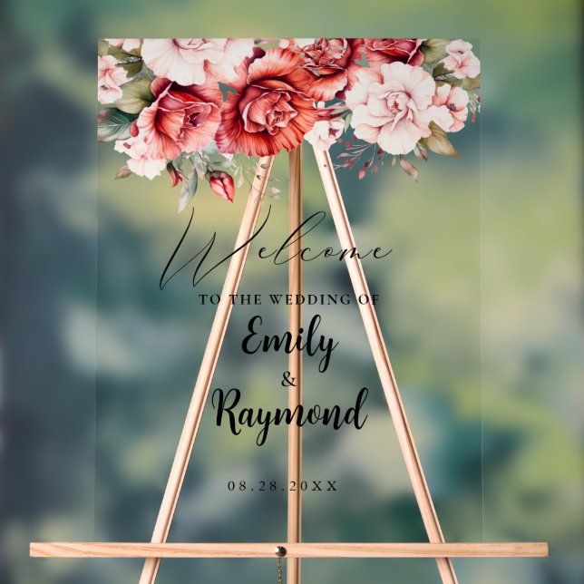 Terracotta Burgundy Blush Floral Wedding Welcome  Acrylic Sign (Neutral)