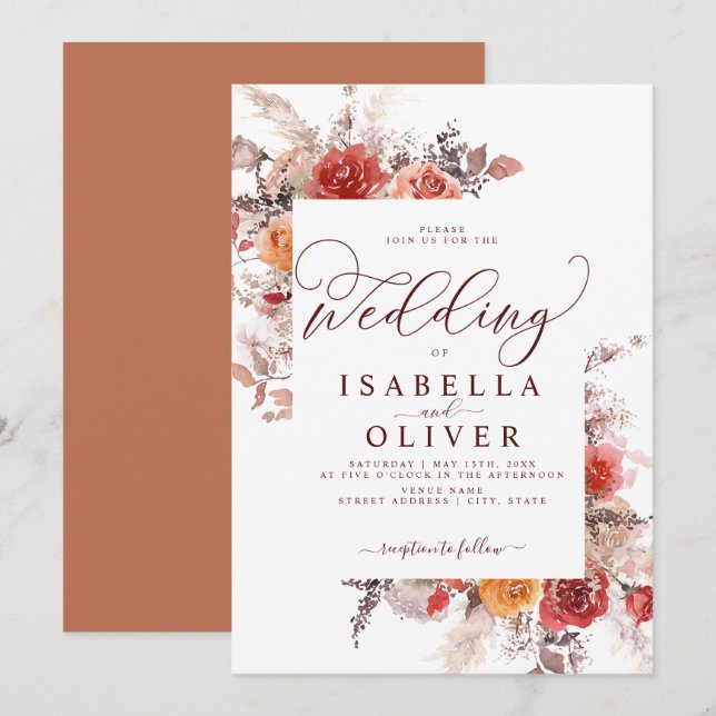 Terracotta Burgundy Burnt Orange Boho Wedding Invi Invitation (Front/Back)