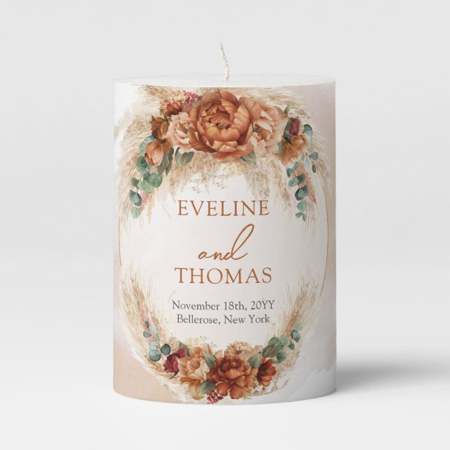 Terracotta burgundy eucalyptus and pampas grass  pillar candle (Front)