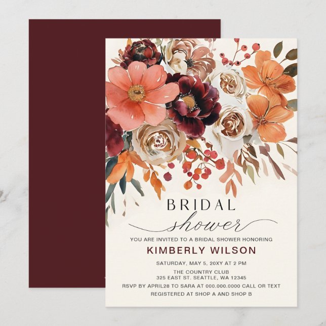 Terracotta Burgundy Floral Fall Bridal Shower Invitation (Front/Back)