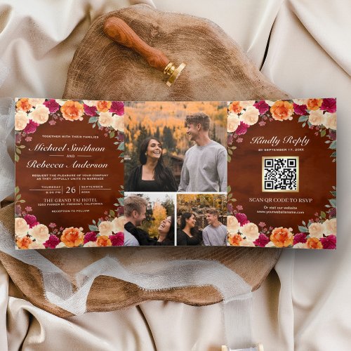 Terracotta Burgundy Floral Photo QR Code Wedding Tri_Fold Invitation
