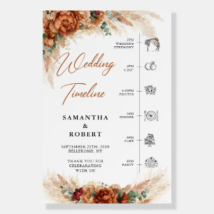 Terracotta burgundy greenery ceremony timeline foam board