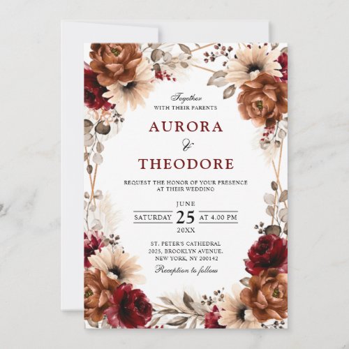 Terracotta Burgundy Mauve Floral Geometric Wedding Invitation