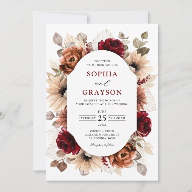 Terracotta Burgundy Mauve Floral Geometric Wedding Invitation (Front)