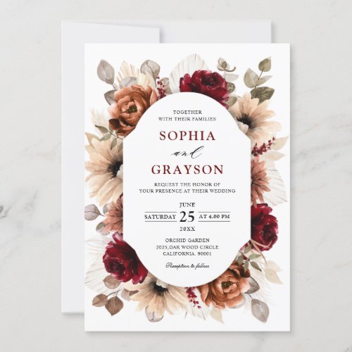 Terracotta Burgundy Mauve Floral Geometric Wedding Invitation