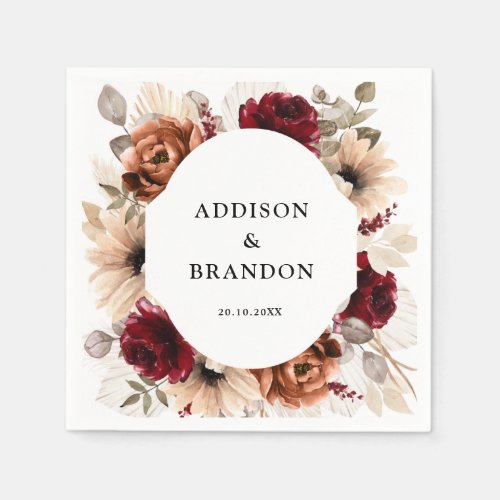 Terracotta Burgundy Mauve Floral Geometric Wedding Napkins