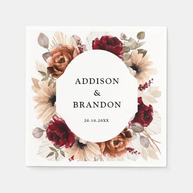 Terracotta Burgundy Mauve Floral Geometric Wedding Napkins (Front)