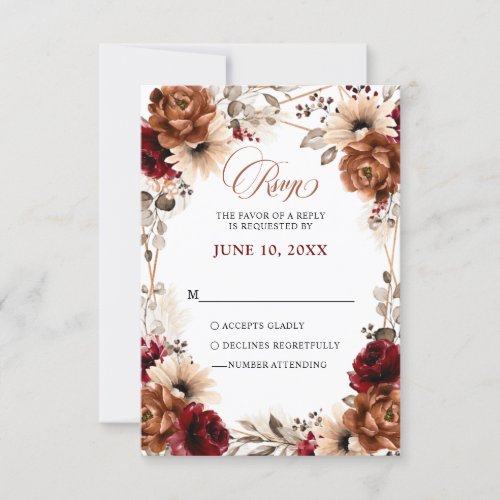 Terracotta Burgundy Mauve Floral Geometric Wedding RSVP Card