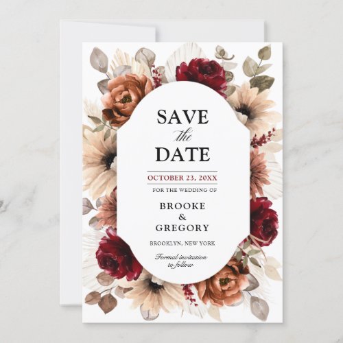 Terracotta Burgundy Mauve Floral Geometric Wedding Save The Date