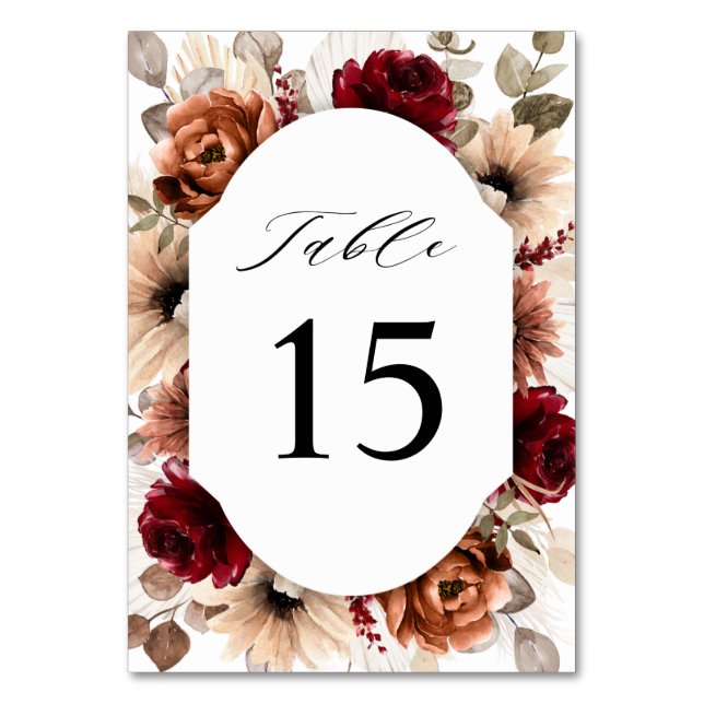 Terracotta Burgundy Mauve Floral Geometric Wedding Table Number (Front)