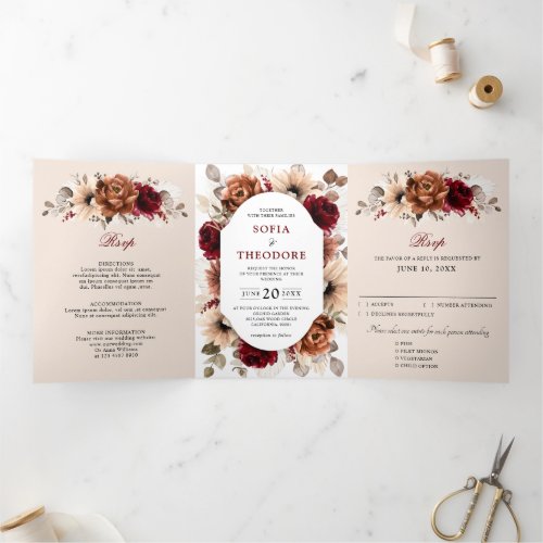 Terracotta Burgundy Mauve Floral Geometric Wedding Tri_Fold Announcement