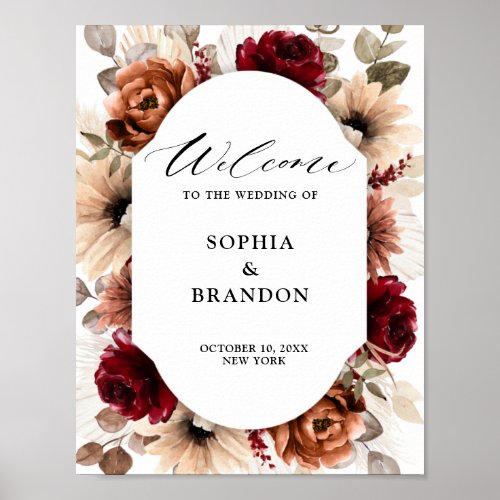 Terracotta Burgundy Mauve Floral Geometric Welcome Poster