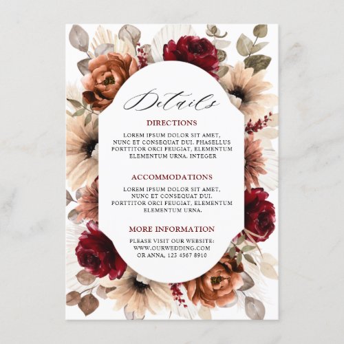 Terracotta Burgundy Mauve Floral Wedding Details Enclosure Card