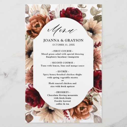 Terracotta Burgundy Mauve Floral Wedding Menu     