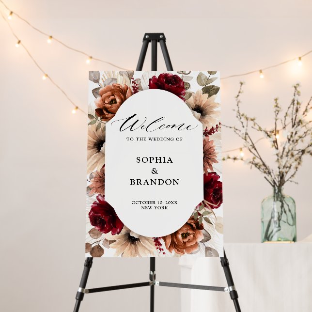 Terracotta Burgundy Mauve Floral Wedding Welcome F Foam Board (In Situ (Stand))