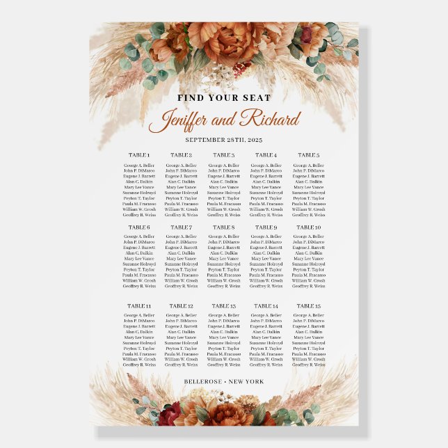Terracotta burgundy pampas greenery seating chart  foam board (Front)