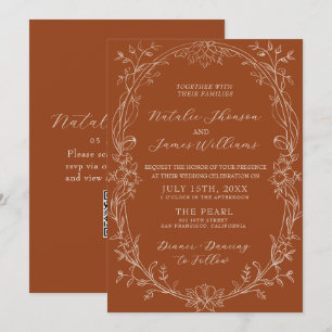 Terracotta Burnt Orang Floral QR Code Boho Wedding Invitation