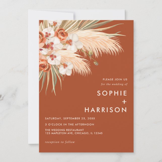 Terracotta Burnt Orange Boho Pampas Grass Wedding Invitation (Front)