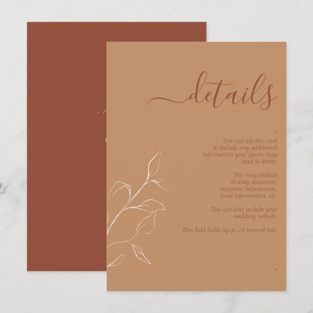 Terracotta Burnt Orange Botanical Wedding Details Enclosure Card (Front/Back)