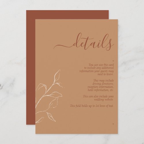 Terracotta Burnt Orange Botanical Wedding Details Enclosure Card