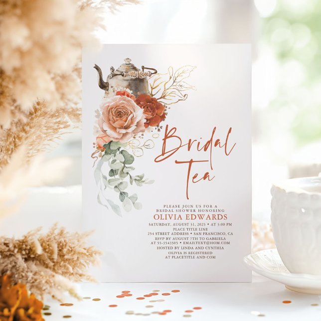 Terracotta Burnt Orange Bridal Shower Tea Party Invitation (Bridal Tea Terracotta Boho Bridal Shower Invitations)