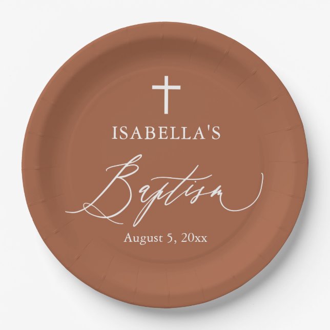 Terracotta Burnt Orange Cross Baptism Party Plates (Front)