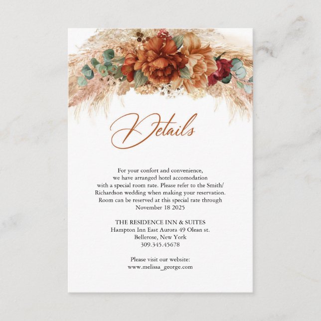 Terracotta burnt orange dried fan palm details enclosure card (Front)