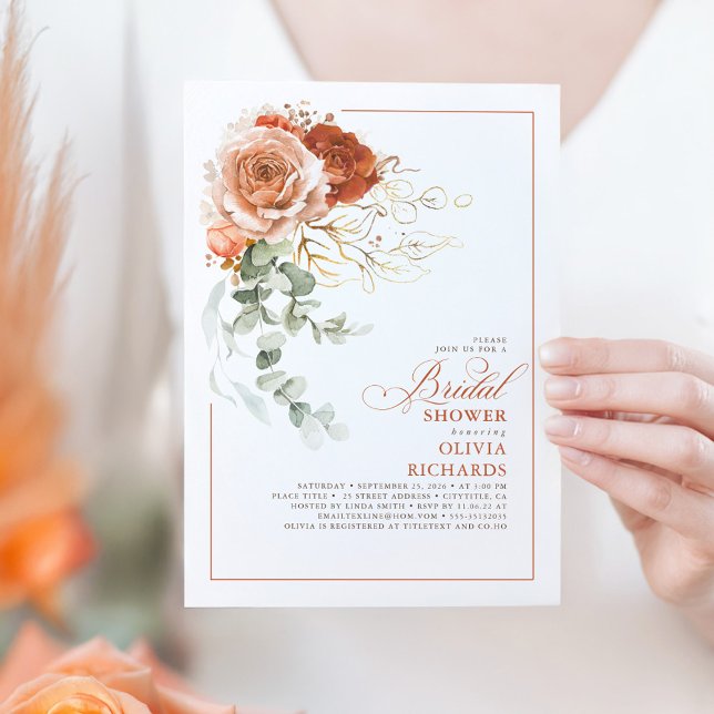 Terracotta Burnt Orange Eucalyptus Bridal Shower Invitation (Terracotta Floral Bridal Shower Invitation)