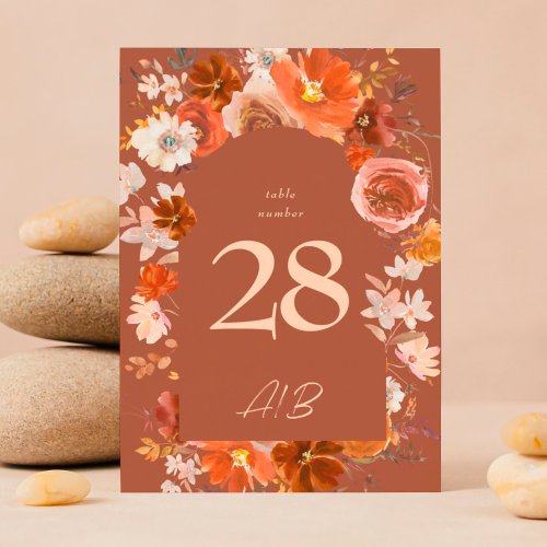 Terracotta Burnt Orange Floral Arch Wedding Table Number