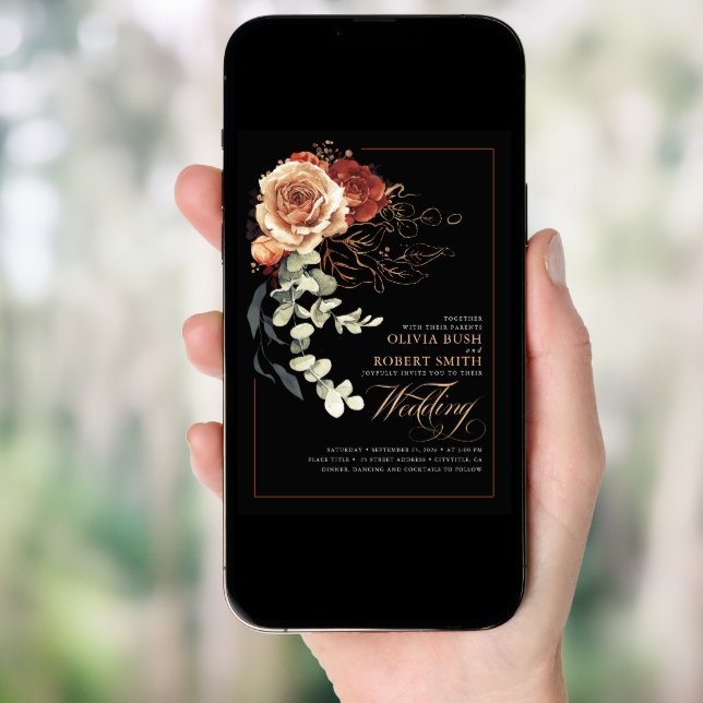 Terracotta Burnt Orange Floral Black Boho Wedding Invitation (Front Digital)