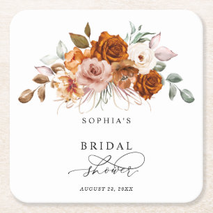 Terracotta Burnt Orange Floral Bridal Shower Square Paper Coaster