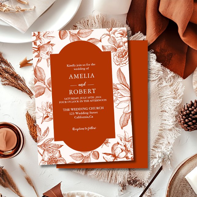 Terracotta burnt orange floral Fall Wedding Invitation (Creator Uploaded)