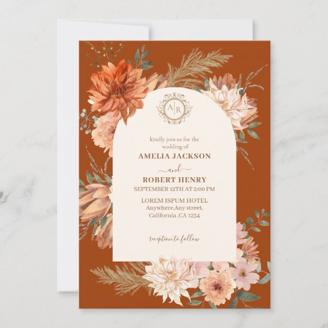 Terracotta burnt orange floral fall wedding invitation (Front)