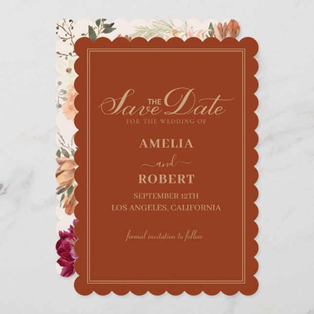 Terracotta burnt orange floral fall wedding  save the date (Front/Back)