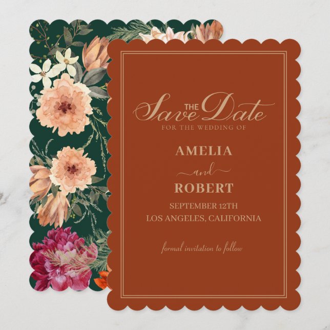 Terracotta burnt orange floral fall wedding  save the date (Front/Back)