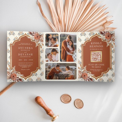 Terracotta Burnt Orange Floral Indian Wedding Tri_Fold Invitation