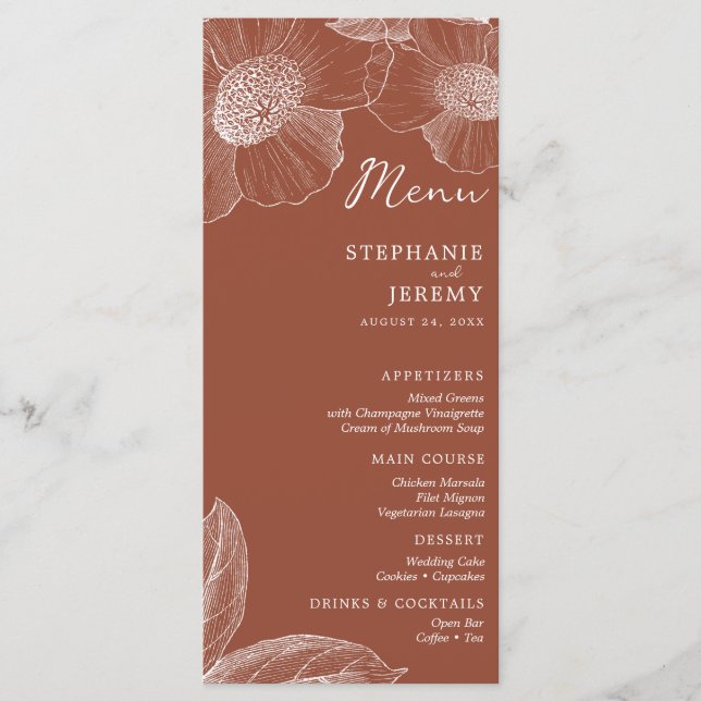 Terracotta Burnt Orange Floral Line Art Menu (Front)