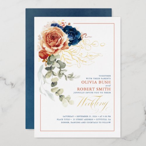 Terracotta Burnt Orange Floral Navy Blue Wedding Foil Invitation