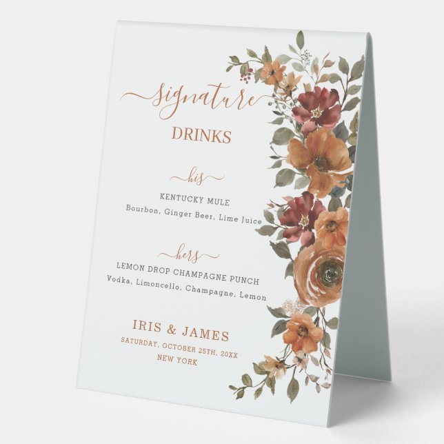 Terracotta Burnt Orange Floral Wedding Drinks Menu Table Tent (Front)