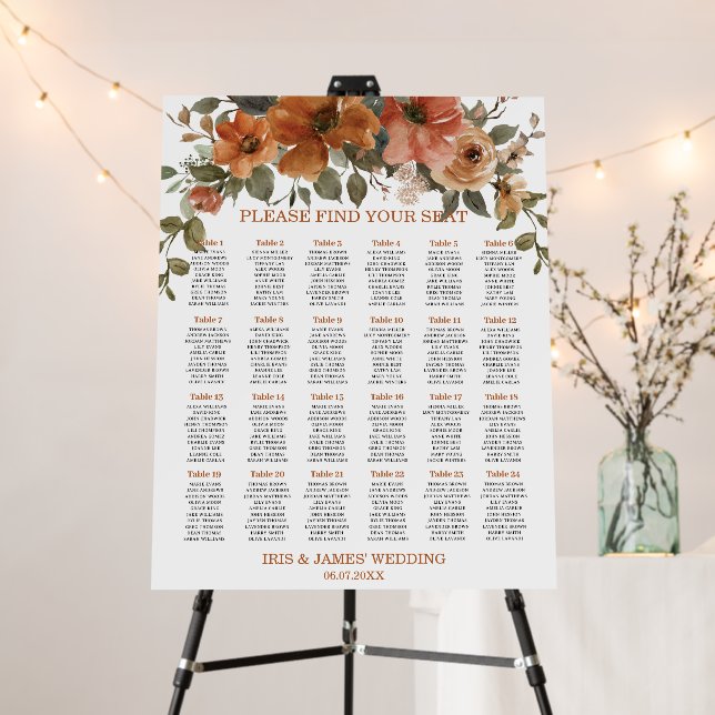 Terracotta Burnt Orange Floral Wedding Seating Foam Board (In Situ (Stand))