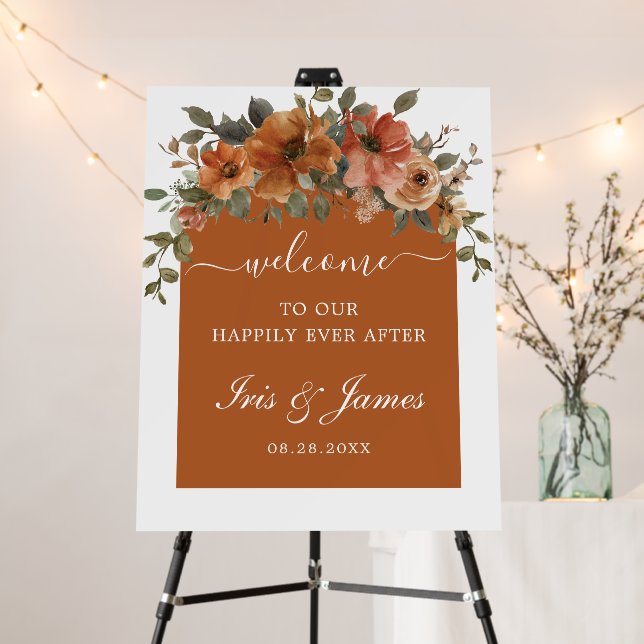 Terracotta Burnt Orange Floral Wedding Welcome Foam Board (In Situ (Stand))