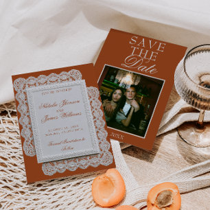 Terracotta Burnt Orange Lace Photo Fancy Wedding Save The Date