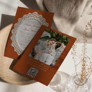 Terracotta Burnt Orange Lace QR Code Photo Wedding Invitation