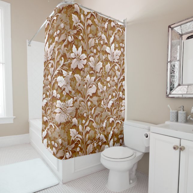 Terracotta Burnt Orange Modern botanical Boho Shower Curtain (In Situ)