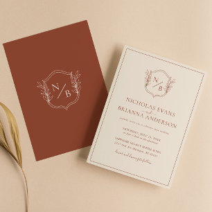 Terracotta Burnt Orange Modern Crest Boho Wedding Invitation