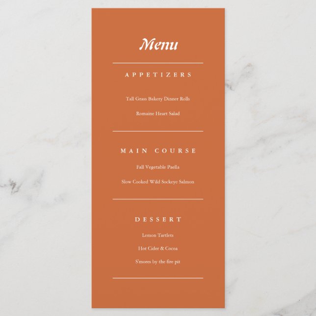 Terracotta Burnt Orange Modern Fall Wedding Menu (Front)