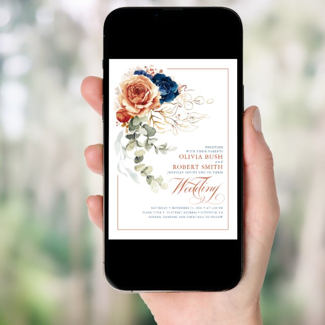 Terracotta Burnt Orange Navy Blue Floral Wedding Invitation (Front Digital)