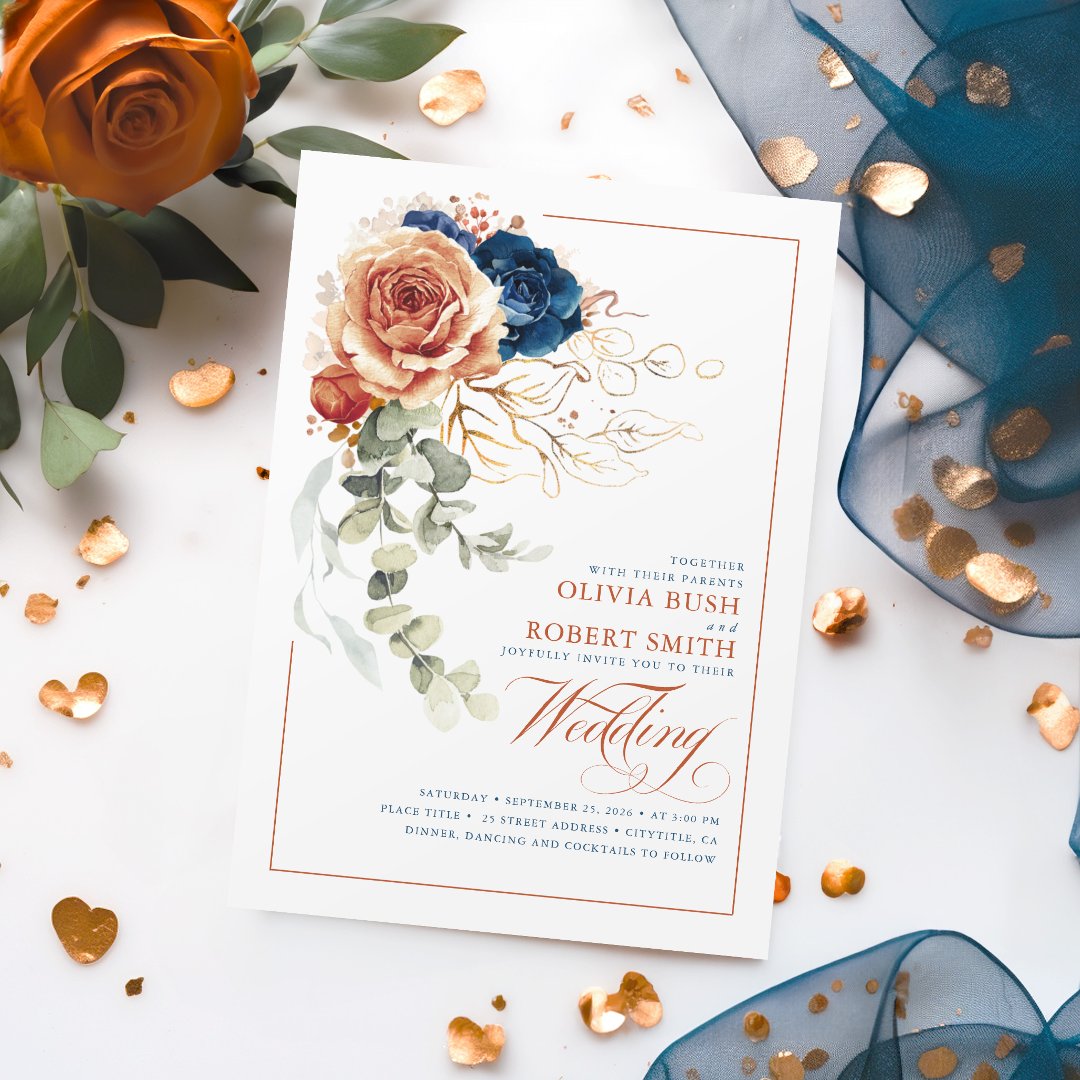 Terracotta Burnt Orange Navy Blue Floral Wedding Invitation (Terracotta and Navy Blue Boho Wedding Invitations)