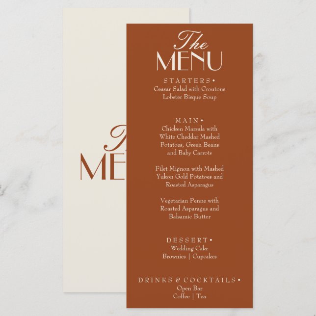 Terracotta Burnt Orange Old Money Boho Wedding Menu (Front/Back)