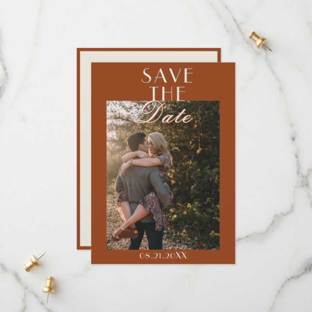 Terracotta Burnt Orange Old Money Photo Wedding Save The Date (Front/Back In Situ)